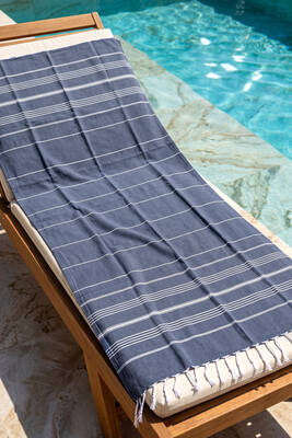 Remsa - %100 Pamuk Çizgili Desenli Plaj Havlusu Hamam Sauna Deniz Havlusu Peştemal 05 Lacivert