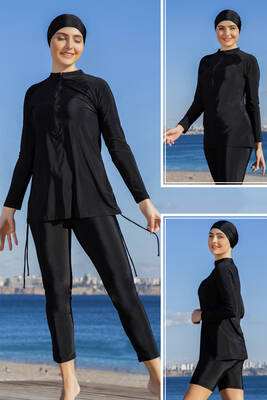 Remsa - 2 Farklı Şekilde Giyilebilir Likralı Tam Kapalı Tesettür Mayo 2413-1 Siyah