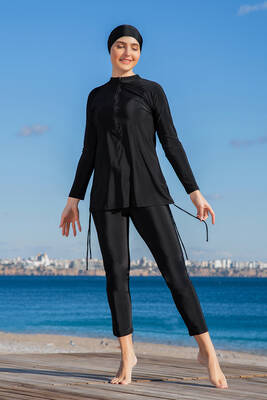 Remsa - 2 Farklı Şekilde Giyilebilir Likralı Tam Kapalı Tesettür Mayo 2413-1 Siyah (1)