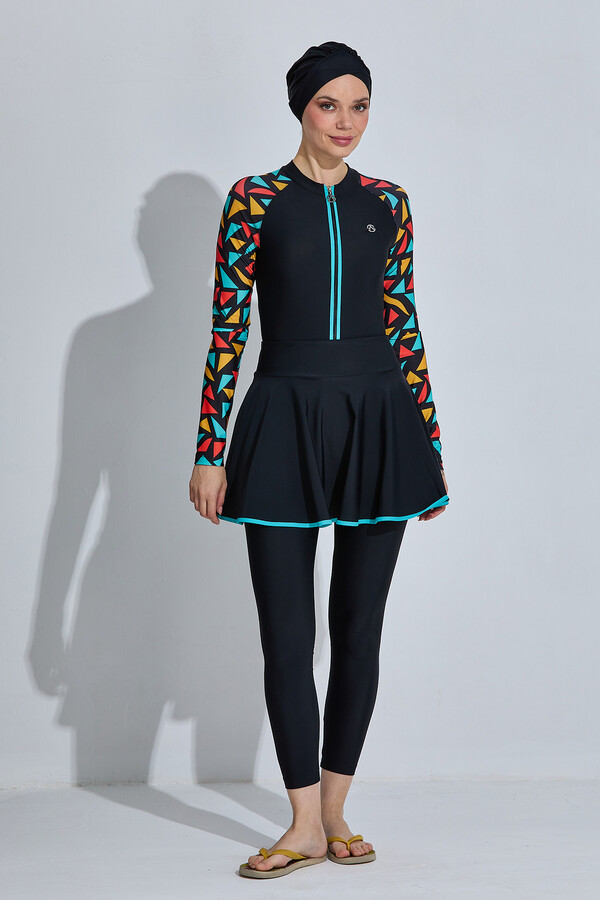 3 Farklı Şekilde Giyilebilir Likralı Etekli Tesettür Mayo 6440 Siyah - Thumbnail