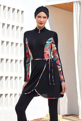 Maresiva - 3 Farklı Şekilde Giyilebilir Likralı Etekli Tesettür Mayo Dora 2111 Siyah