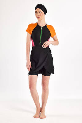 Adasea - 3-in-1 Multi-Style Lycra Half-Covered Swimsuit Set in Black with Orange and Pink Accents 1610 (1)