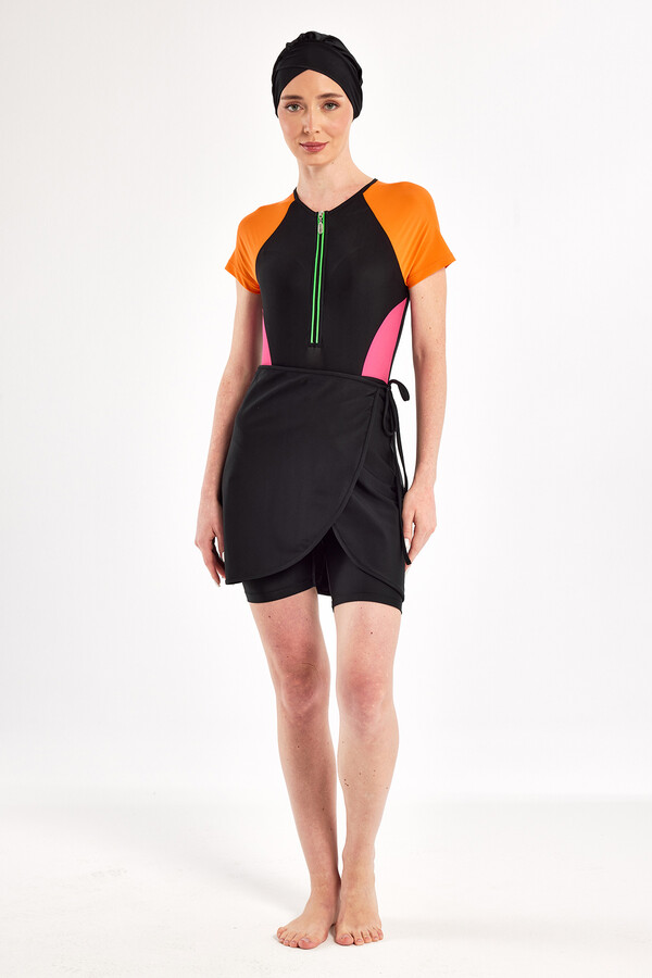 3-in-1 Multi-Style Lycra Half-Covered Swimsuit Set in Black with Orange and Pink Accents 1610 - Thumbnail