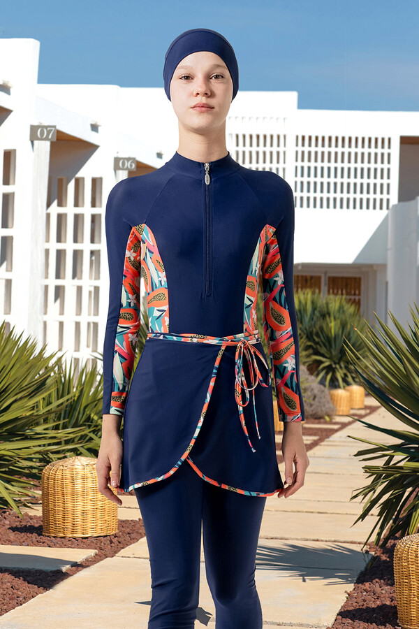 3-in-1 Lycra Skirted Modest Swimsuit Set for Girls in Black 1901 - Thumbnail