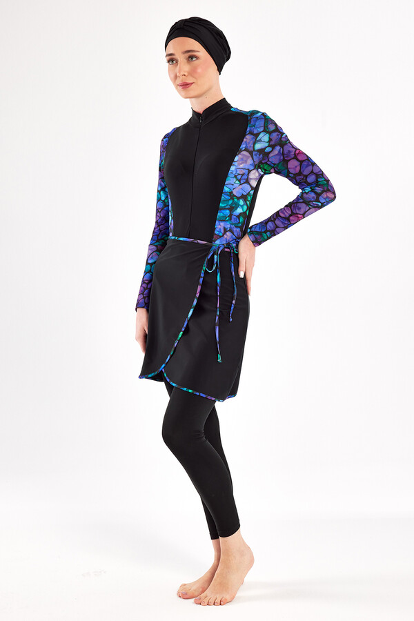 3-Piece Stretch Lycra Skirt Modest Swimsuit Set in Black with Purple and Blue Pattern 1115 - Thumbnail