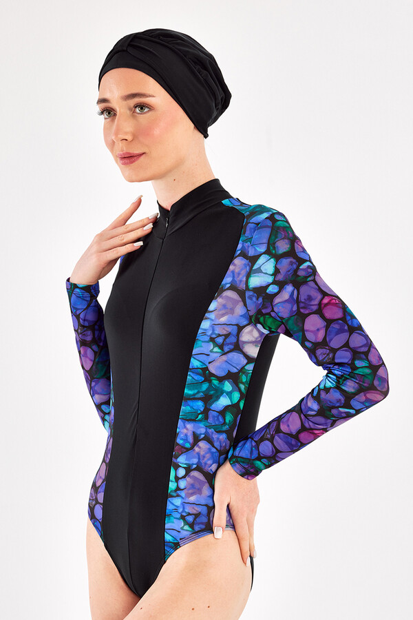 3-Piece Stretch Lycra Skirt Modest Swimsuit Set in Black with Purple and Blue Pattern 1115 - Thumbnail