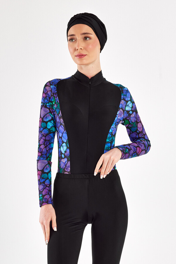 3-Piece Stretch Lycra Skirt Modest Swimsuit Set in Black with Purple and Blue Pattern 1115 - Thumbnail