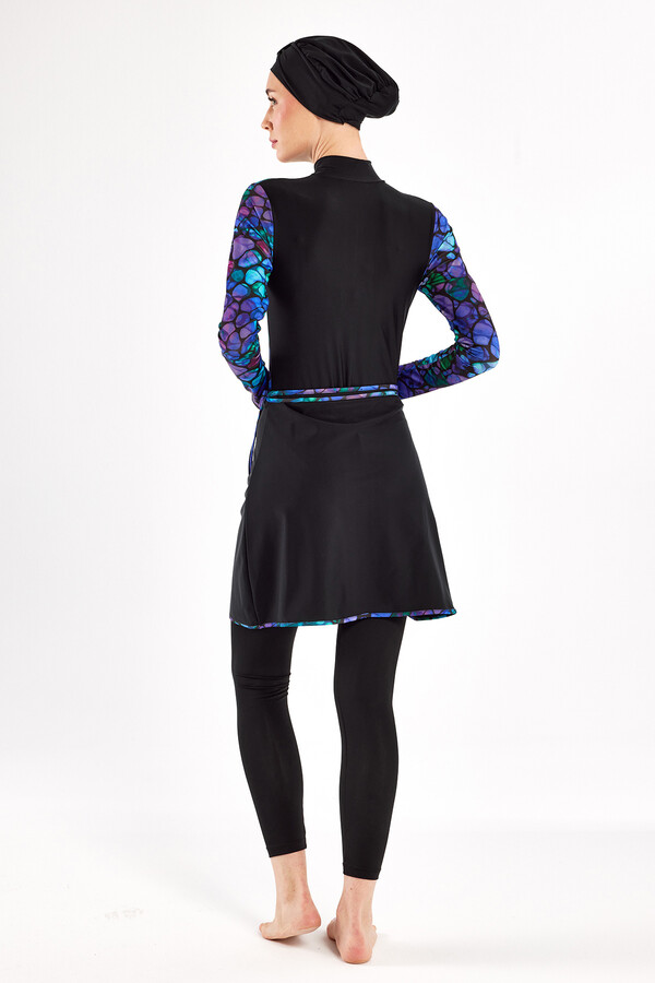 3-Piece Stretch Lycra Skirt Modest Swimsuit Set in Black with Purple and Blue Pattern 1115 - Thumbnail