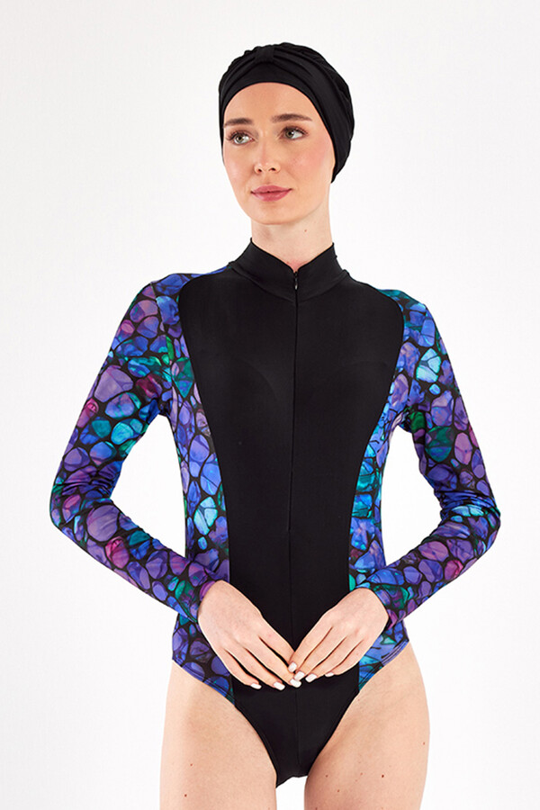 3-Piece Stretch Lycra Skirt Modest Swimsuit Set in Black with Purple and Blue Pattern 1115 - Thumbnail