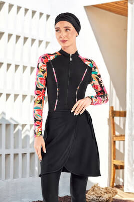 Adasea - 3-Way Wearable Lycra Modest Swimsuit With Skirt Dora 1108 Black Adasea - 3-Way Wearable Lycra Modest Swimsuit With Skirt Dora 1108 Black