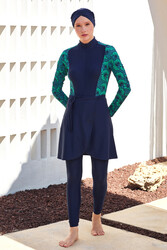 Adasea - 3-Way Wearable Lycra Modest Swimsuit With Skirt Saver 1111 Navy