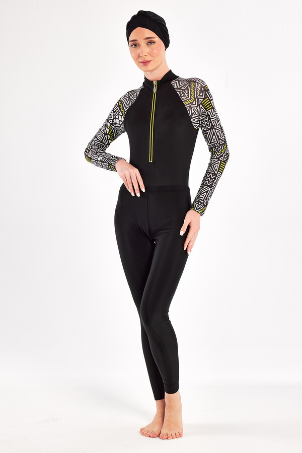 5-Piece Lycra Skirted Modest Swimsuit Set in Black 1112 - Thumbnail