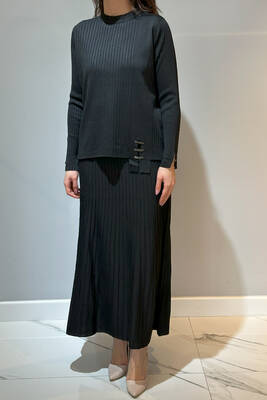 Remsa - Accessory-Detail Ribbed Knit Skirt Set 35038 Black