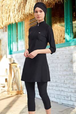 Remsa - Adasea Half Closed Lycra Hijab Swimsuit 3400 Black Remsa Swimwear