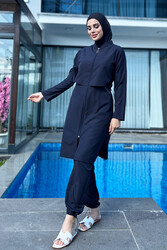 Remsa - Remsa Swimwear Zippered Front Parachute Fully Covered Hijab Swimsuit Dark Navy Blue Nuray