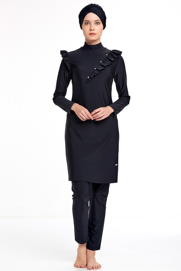 Adasea Lycra Fully Covered Hijab Swimsuit 4334 Black - Thumbnail