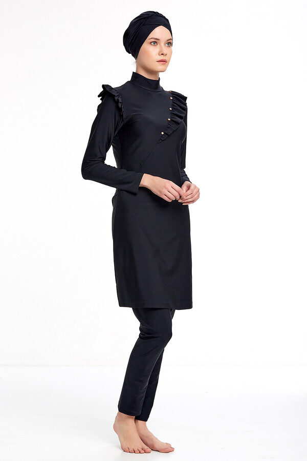 Adasea Lycra Fully Covered Hijab Swimsuit 4334 Black - Thumbnail