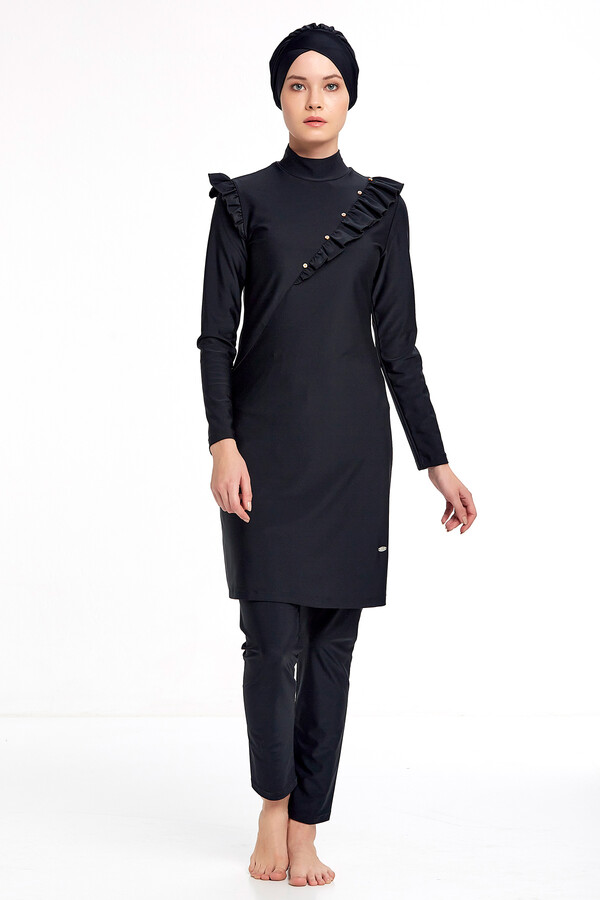 Adasea Lycra Fully Covered Hijab Swimsuit 4334 Black - Thumbnail