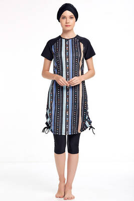 Adasea - Adasea Lycra Semi-Covered Short Sleeve Tribal Pattern Swimsuit 3409 Remsa Swimwear (1)