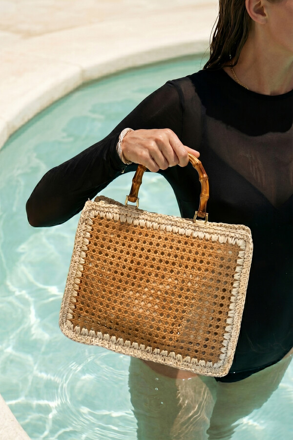 Bamboo Handle Woven Basket Bag Beige - Thumbnail