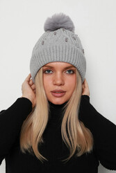Remsa - Beaded Detail Pompon Women's Beanie with Wool Lining RKŞ-18 - Gray
