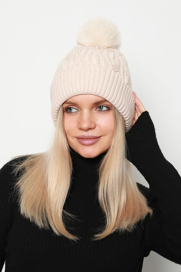Remsa - Beaded Pom Pom Women's Hat with Wool Lining RKŞ-18 - Beige Remsa - Beaded Pom Pom Women's Hat with Wool Lining RKŞ-18 - Beige