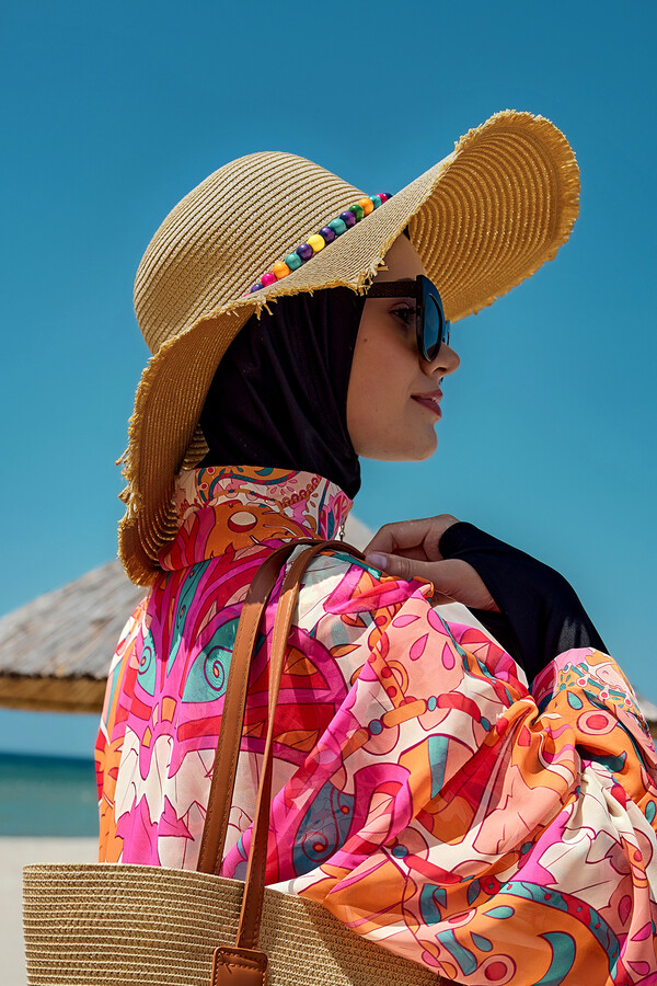 Beaded Straw Beach Hat RS- Camel - Thumbnail