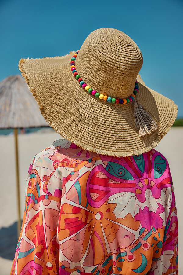 Beaded Straw Beach Hat RS- Camel - Thumbnail