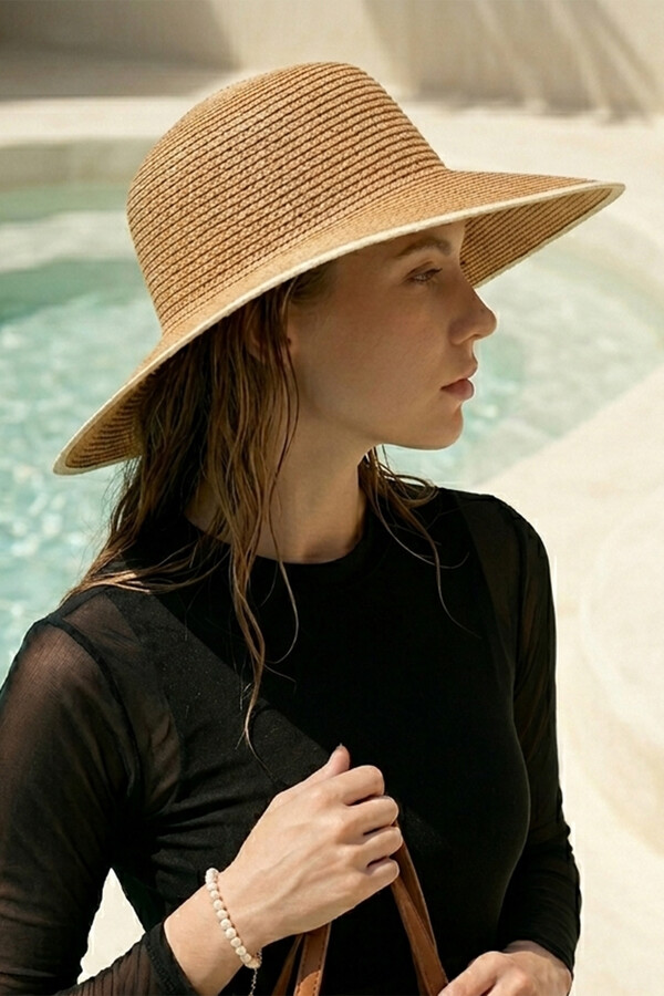 Beaded Straw Hat in Camel Tone - Thumbnail