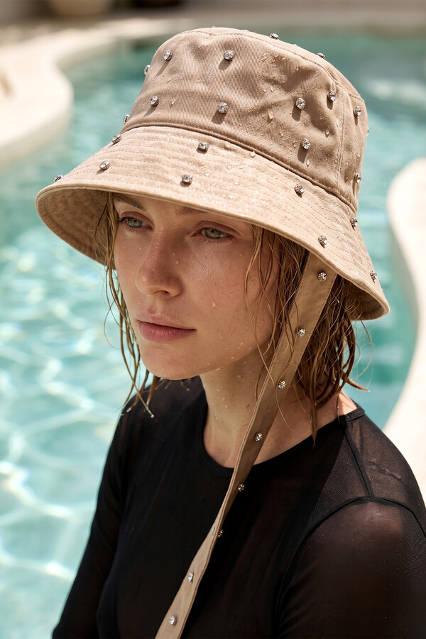 Beige Embellished Wrap Bucket Hat - Thumbnail