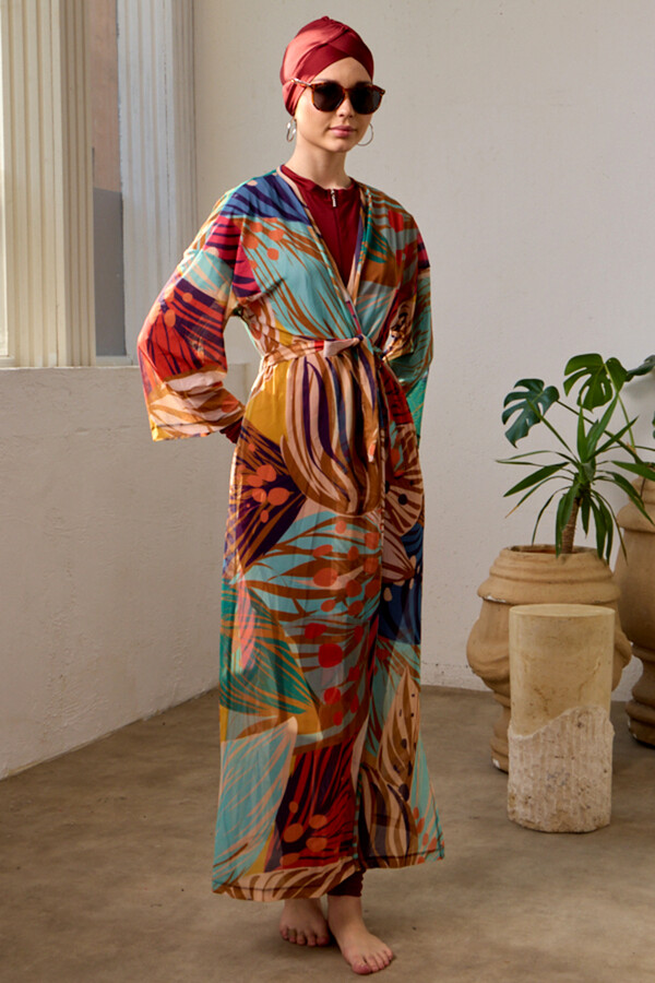 Beige Single Pareo Kimono Swim Cover - Thumbnail