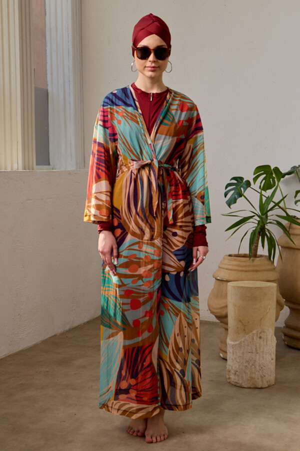 Beige Single Pareo Kimono Swim Cover - Thumbnail