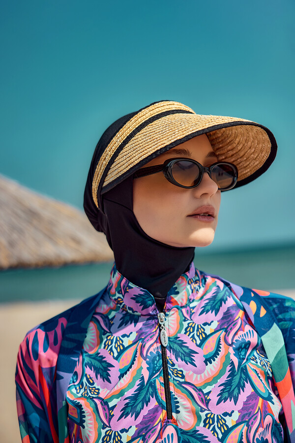 Beige Striped Wide-Brim Sun Hat - Thumbnail