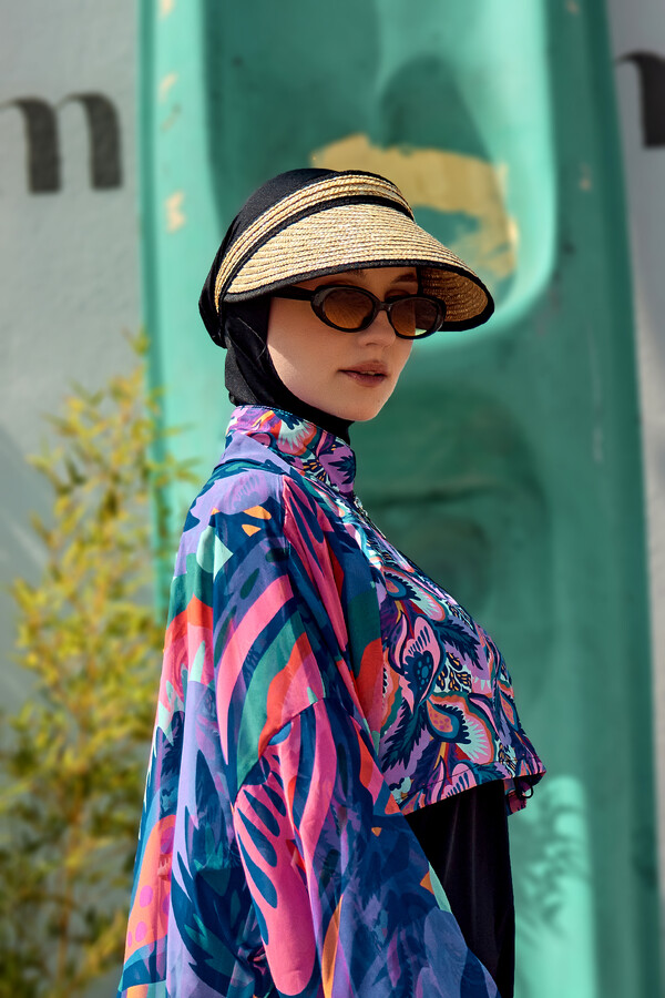 Beige Striped Wide-Brim Sun Hat - Thumbnail