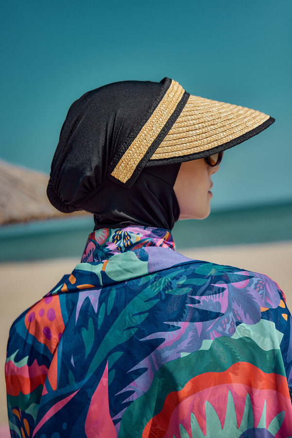 Beige Striped Wide-Brim Sun Hat - Thumbnail