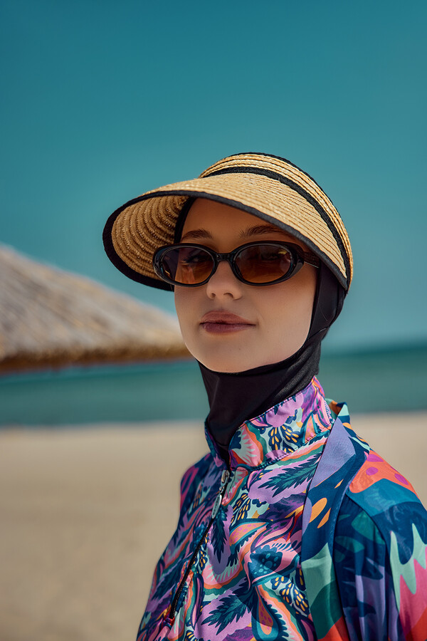 Beige Striped Wide-Brim Sun Hat - Thumbnail