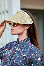 Remsa - Beige Visor Straw Hat with Pearl Details