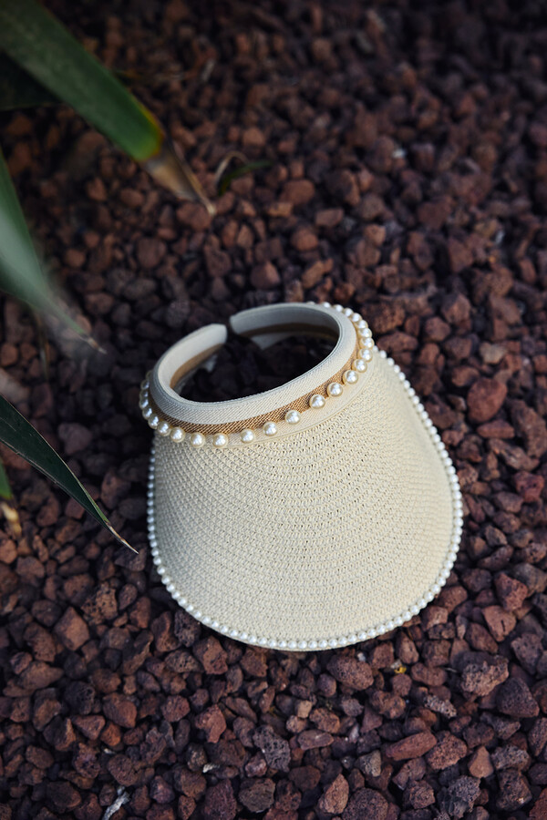 Beige Visor Straw Hat with Pearl Details - Thumbnail