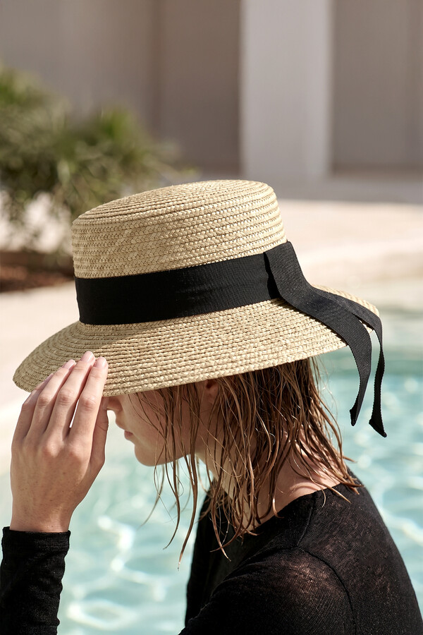 Beige Wide-Brim Straw Hat with Black Band - Thumbnail