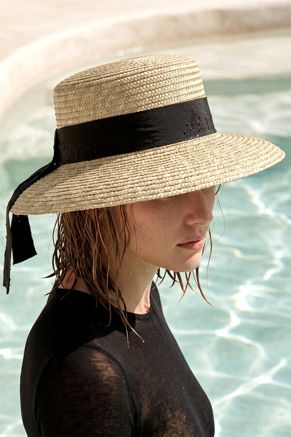Beige Wide-Brim Straw Hat with Black Band - Thumbnail