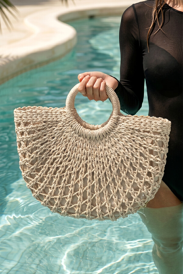 Beige Woven Straw Tote Bag 1102 - Thumbnail