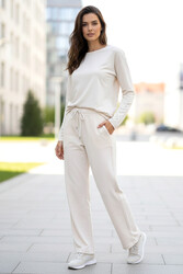 Remsa - Beli Lastikli Pantolon Görünümlü Bol Paça Kadın Eşofman Altı 8015 Bej