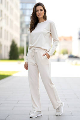 Remsa - Beli Lastikli Pantolon Görünümlü Bol Paça Kadın Eşofman Altı 8015 Bej