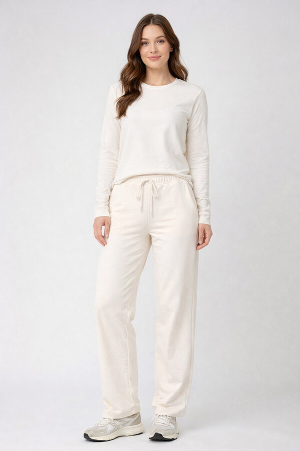 Remsa - Beli Lastikli Pantolon Görünümlü Bol Paça Kadın Eşofman Altı 8015 Bej (1)