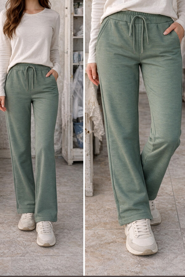 Beli Lastikli Pantolon Görünümlü Bol Paça Kadın Eşofman Altı 8015 Haki - Thumbnail