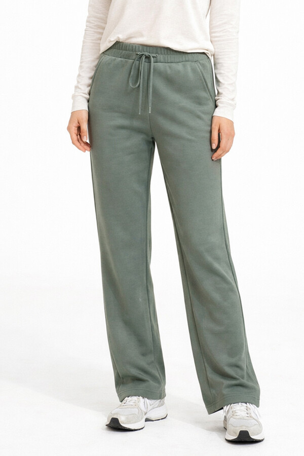 Beli Lastikli Pantolon Görünümlü Bol Paça Kadın Eşofman Altı 8015 Haki - Thumbnail