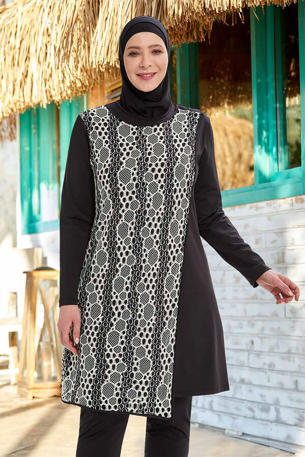 Remsa Swimwear Large Size Tulle Front Cover Pareo Hijab Black and White Honeycomb Pattern Swimsuit Adasea 4377 Black - Thumbnail
