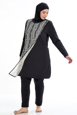 Remsa - Remsa Swimwear Large Size Tulle Front Cover Pareo Hijab Black and White Honeycomb Pattern Swimsuit Adasea 4377 Black (1)