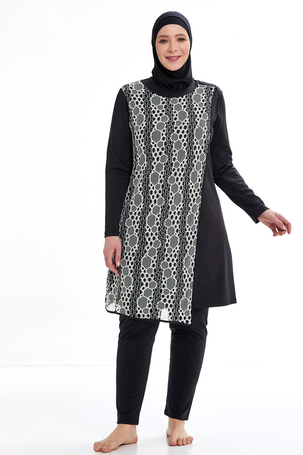 Remsa Swimwear Large Size Tulle Front Cover Pareo Hijab Black and White Honeycomb Pattern Swimsuit Adasea 4377 Black - Thumbnail