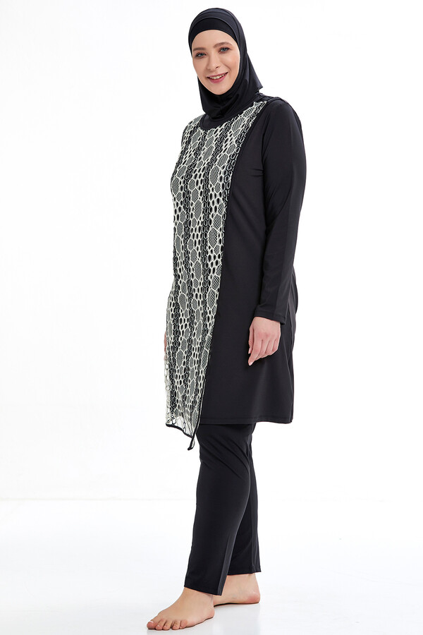 Remsa Swimwear Large Size Tulle Front Cover Pareo Hijab Black and White Honeycomb Pattern Swimsuit Adasea 4377 Black - Thumbnail